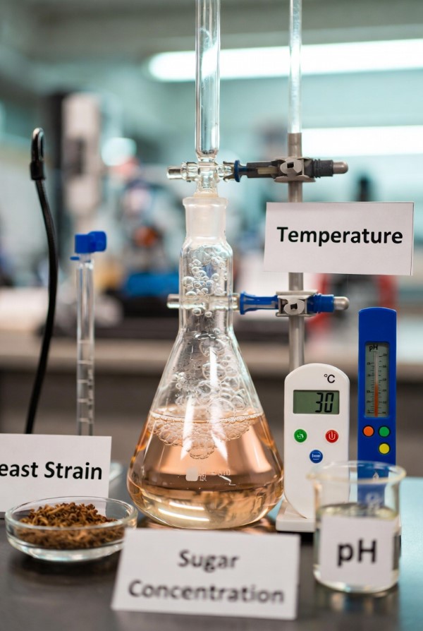 Các yếu tố ảnh hưởng đến lên men tạo Ethanol gồm có: chủng nấm men, nhiệt độ, pH, nồng độ đường