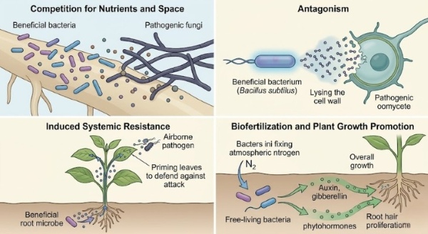 Vi sinh vật hoạt động thông qua cạnh tranh sinh học, phân giải chất hữu cơ và ức chế mầm bệnh